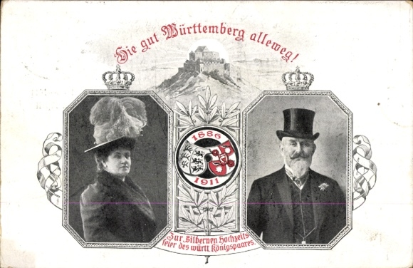 Postal stationery PC King Wilhelm II of Württemberg, Queen Charlotte, Silver Wedding 1911