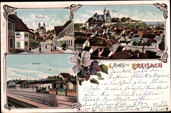 Litho Breisach am Oberrhein, Bahnhof, Gleisansicht, Neugasse, Totalansicht vom Ort