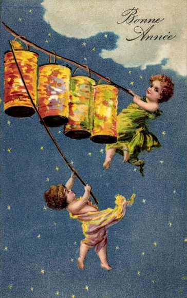Embossed PC Happy New Year, Angel with Lanterns