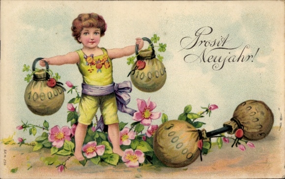Embossed PC Happy New Year, child with money bags, flowers, lucky clover