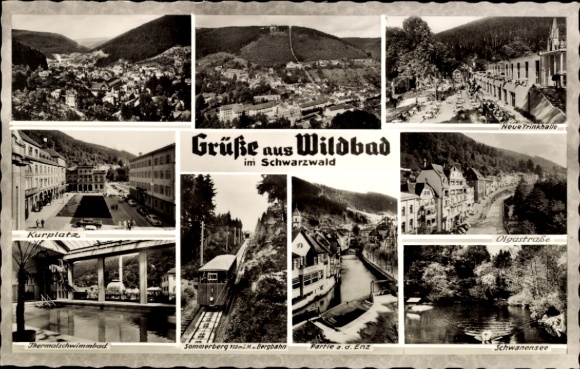 Postcard Bad Wildbad in the Black Forest, Greetings from Kurplatz, New Drinking Hall, Olgastraße, Thermal Swimming Pool