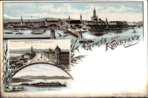 Litho Konstanz am Bodensee, Bahnhof, Reichspost, Insel Mainau
