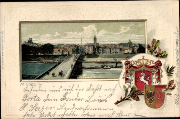 Embossed Coat of Arms Chromo-Litho Minden in Westphalia, bridge, view of the town