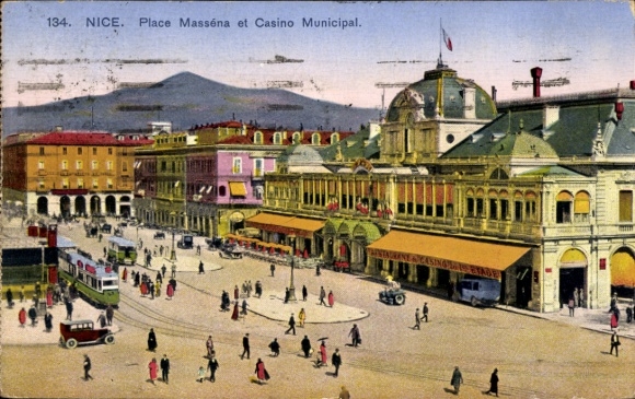 Postcard Nice Alpes Maritimes, Place Masséna, Casino Municipal, people, tram, cars
