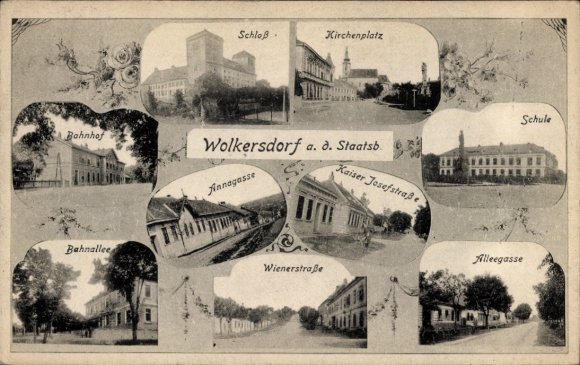 Postcard Wolkersdorf in the Weinviertel Lower Austria, castle, school, church square, train station