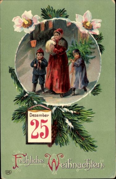 Ak Glückwunsch Weihnahten, Frau, Kinder, Kalender, Blumen, Tannenzweige