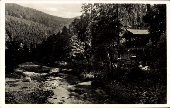 Postcard Schwarzburg, view from the Schweizerhaus Bridge