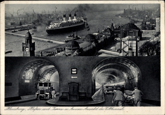Ak Hamburg Mitte Altstadt, Hafen mit Schiff, Elbtunnel,  Aufnahmen, frühere Architektur