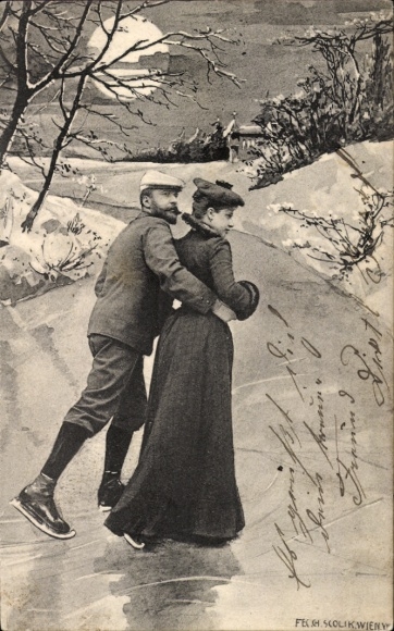 Postcard couple on skates