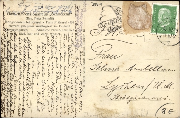 Postcard Ihringshausen Fuldatal in northern Hesse, inn and boarding house Schocketal, owned by Peter Schmitt