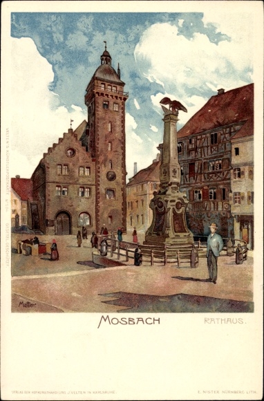 Artist Chromo-Litho mother, K., Mosbach in the Neckar Odenwald district, view of the town hall, monument