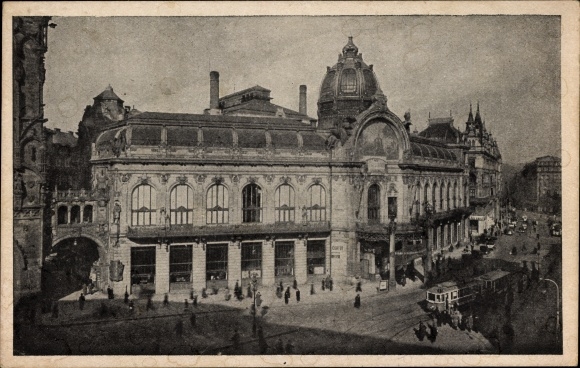 Ak Praha Prag, Representacni dum, Gemeindehaus, Straßenansicht, Straßenbahn