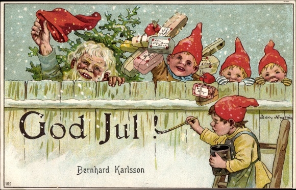 Artist PC Nyström, J., Happy Christmas, gnomes, fence, gifts