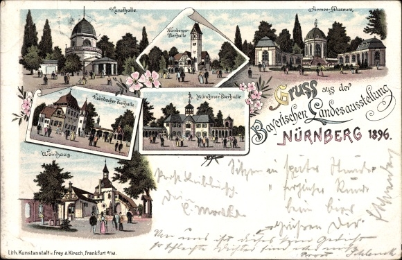 Chromo-Litho Nuremberg, Bavaria. State Exhibition 1896, art gallery, beer halls, wine house, army museum