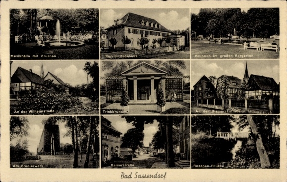 Postcard Bad Sassendorf, Music Hall, Kurhaus, Fountain, Kaiserstraße, Rosenau Bridge, Am Gradierwerk