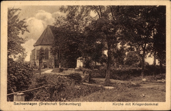 Postcard Sachsenhagen in the Schaumburg region, church with a war memorial