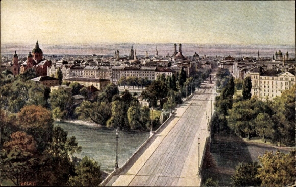 Artist Postcard Munich, view of the city from the Maximilianeum