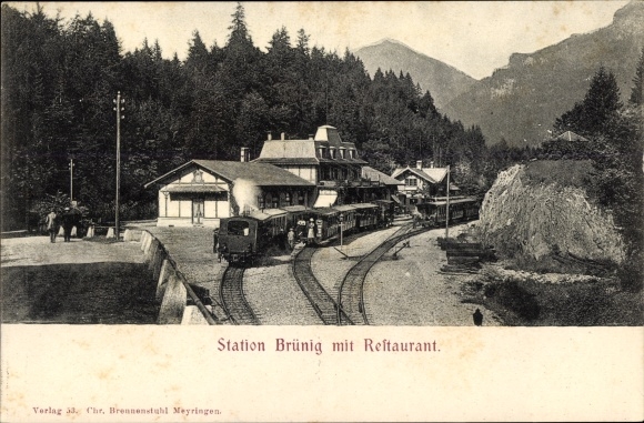 Postcard Brünig Obwalden Switzerland, train station, restaurant