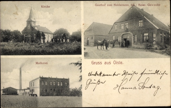 Postcard Oiste Blender in Lower Saxony, church, Gasthof zum Holderness, dairy