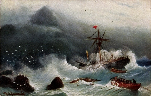 Artist Postcard Sailing ship stranded on rocky coast, lifeboats