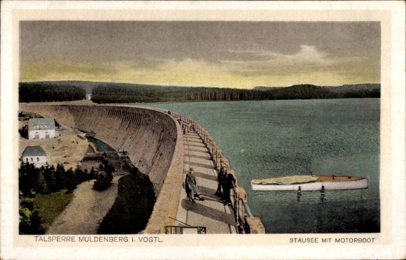 Postcard Muldenberg Grünbach in Vogtland Saxony, dam, reservoir with motor boat