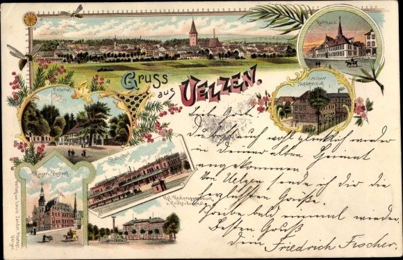 Litho Uelzen in Niedersachsen, Rathaus, Höhere Töchterschule, Kaiserliches Postamt, Bahnhof