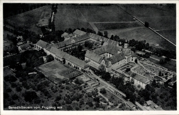 Postcard Benediktbeuern in Upper Bavaria, aerial view of the monastery and surroundings