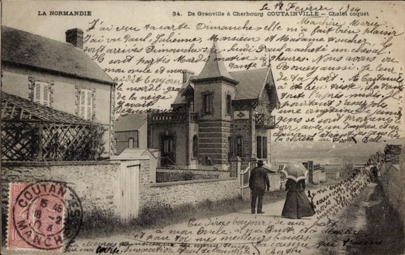 Ak Agon Coutainville Manche,  Chalet, Straße, zwei Personen, Meerblick, ländliche Umgebung