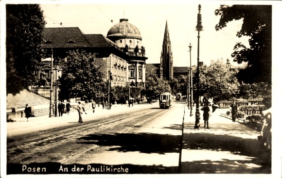 Postcard Poznań Posen, Pauli Church, tram
