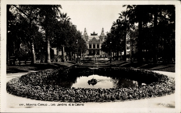 Ak Monte Carlo Monaco, Gärten, Casino, Brunnen, Palmen, Blumenbeet