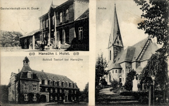 Postcard Hansühn Wangels in Holstein, inn of H. Doser, church, Castle Testorf near Hansühn