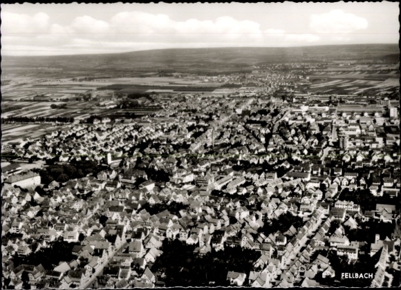 Postcard Fellbach in Württemberg, aerial view of many roofs, rural surroundings, black and white