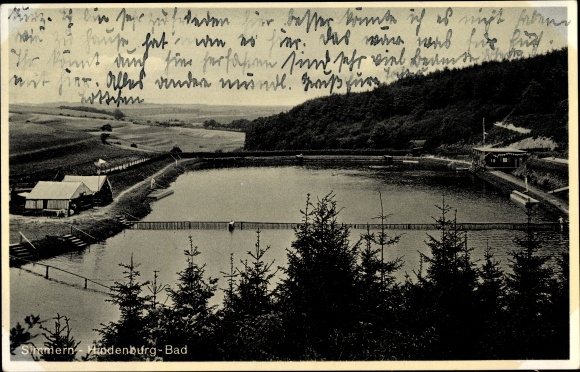 Postcard Simmern in the Rhein Hunsrück district, bird&#39;s eye view of the Hindenburg Bad and surroundings