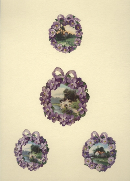4 wafers landscape pictures in violet wreaths, 9 x 8 cm and 6 x 6 cm