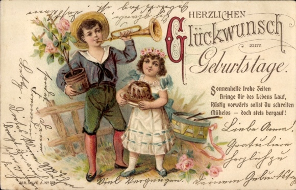 Chromo-Litho Happy Birthday, boy with trumpet, girl with cupcake, roses, drum