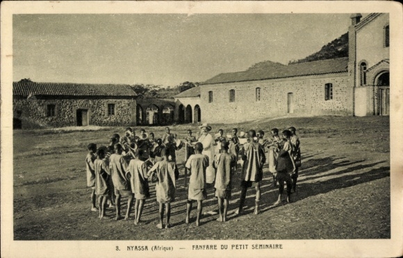 Postcard Fanfare of the Small Seminary, indigenous, priest, dance, Nyassa, Lake Malawi, East Africa