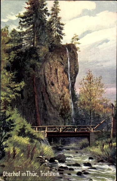 Postcard Oberhof in the Thuringian Forest, waterfall, rocks, bridge, tree, river