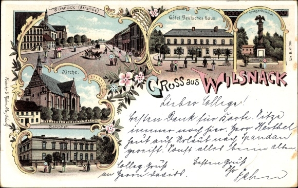 Chromo-Litho Bad Wilsnack in the Prignitz, church, train station, Hotel Deutsches Haus, war memorial