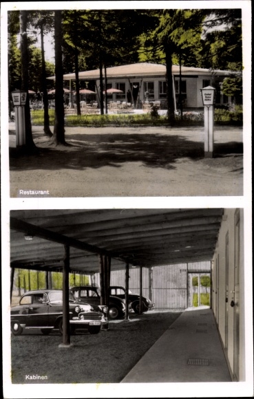 Ak Springhirsch Nützen in Schleswig Holstein, Motel Onkel Toms Hütte, Autos, Parkplatz