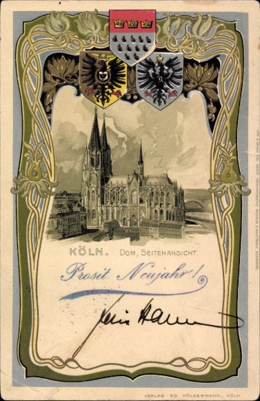 Passepartout coat of arms litho Cologne on the Rhine, Cathedral, New Year