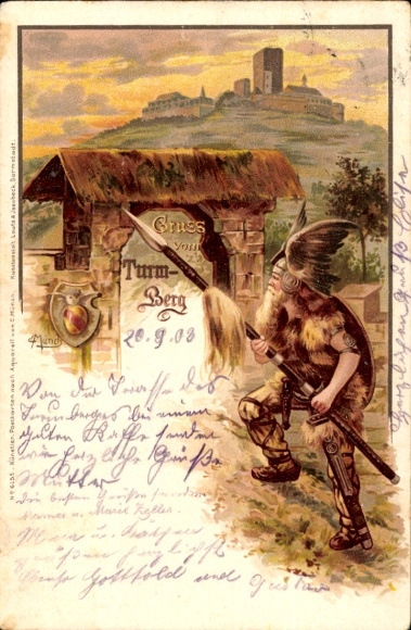 Artist Chromo-Litho Carl Münch, Durlach Karlsruhe Baden, Turmberg, German with winged helmet and lance
