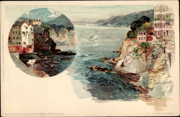 Kunstenaar litho Wielandt, Manuel, Camogli Ligurië, stadsgezicht, kustlandschap