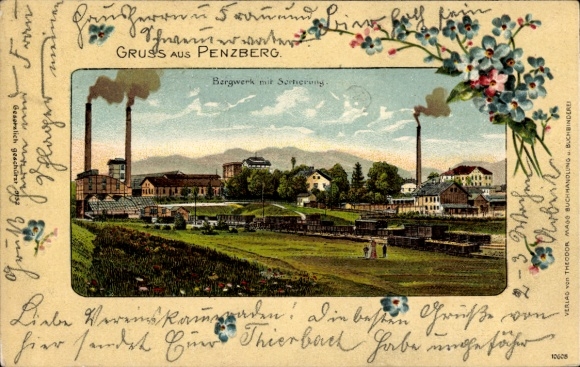 Embossed Passepartout Postcard Penzberg in Upper Bavaria, mine with sorting