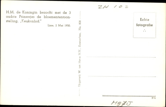 Postcard Queen Juliana of the Netherlands, flower exhibition, Lisse 1950
