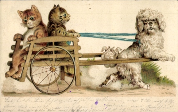 Embossed artist Postcard cats, dog, rickshaw