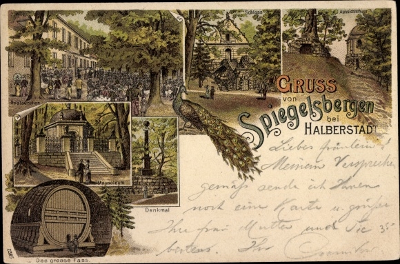 Chromo-Litho Halberstadt am Harz, Spiegelsbergen, inn, castle, observation tower, mausoleum, barrel