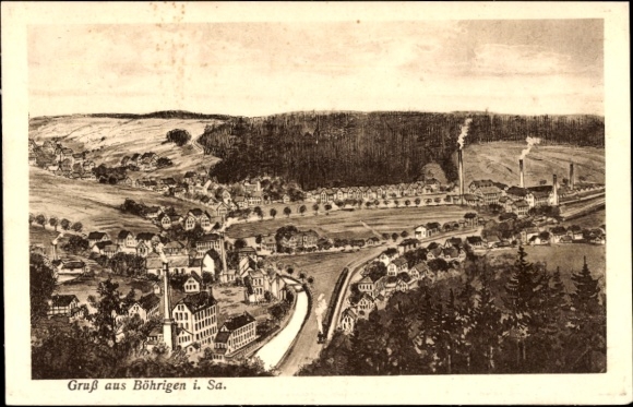 Ak Böhrigen Striegistal Sachsen, Landschaftsansicht, Fluss, Fabriken, Wohnhäuser, Wäldern