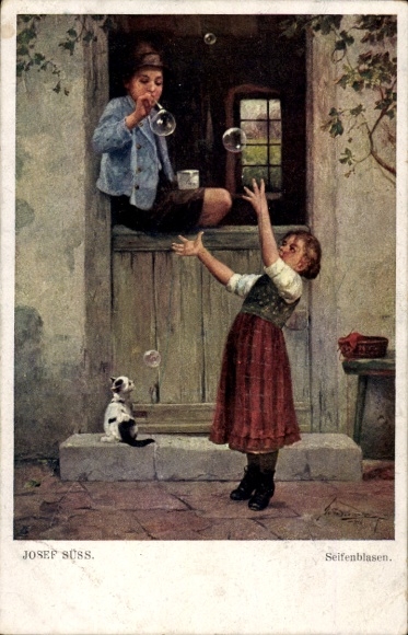 Künstler Ak Süss, Josef, Seifenblasen, Junge und Mädchen, Katze