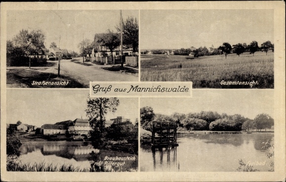 Ak Mannichswalde Crimmitschau in Sachsen, Brauhausteich mit Rittergut, Gasthof Roter Adler