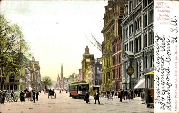 Briefkaart Hartford Connecticut de VS, Hoofdstraat, tram